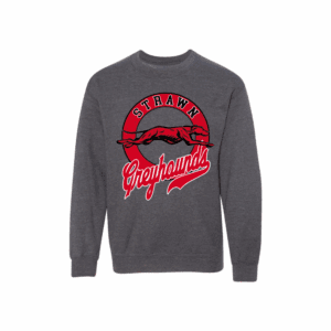 Kids grey sweatshirt with retro Strawn Greyhounds logo and leaping greyhound dog graphic