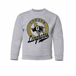 Kids grey crewneck sweatshirt with retro Gordon Longhorns logo in black and gold