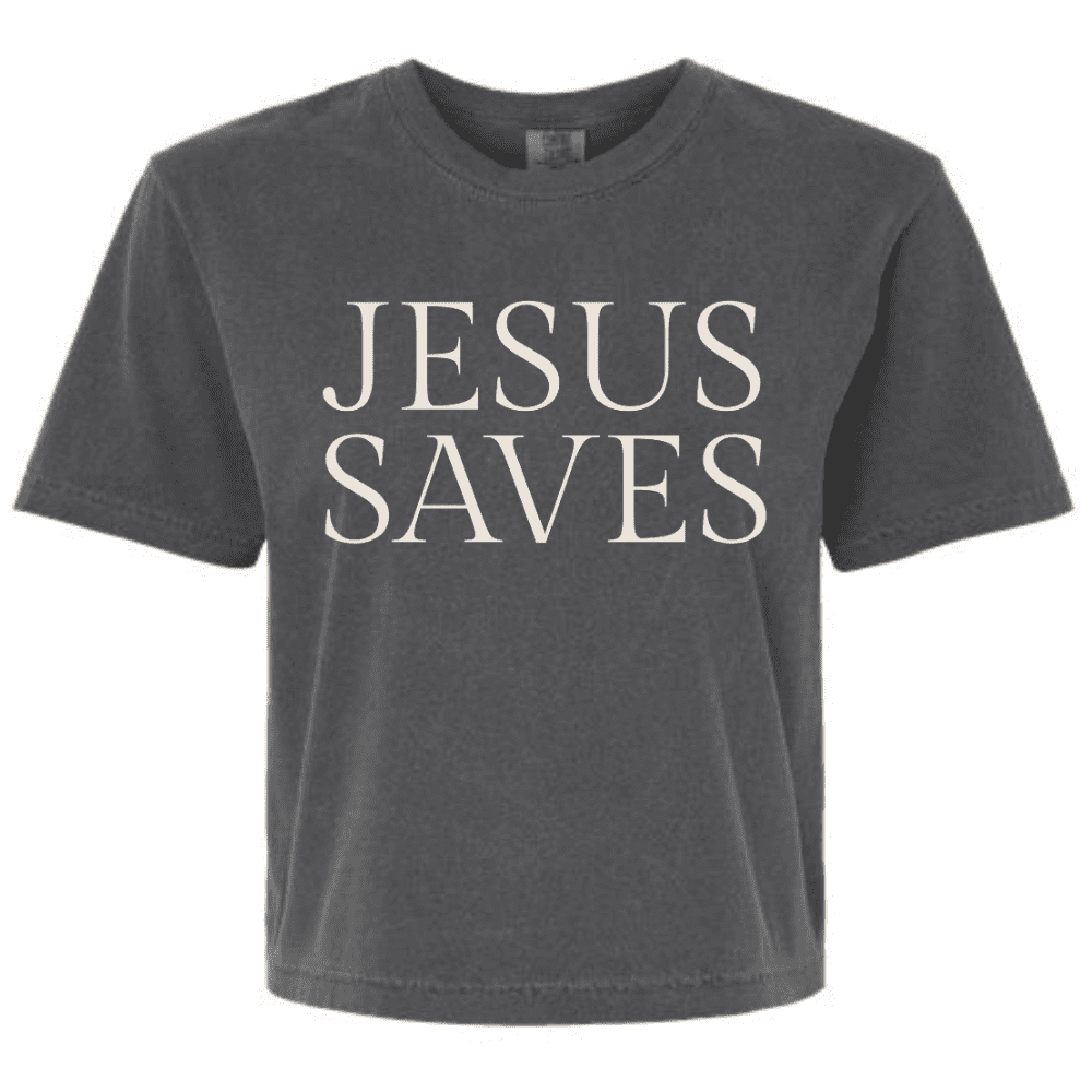 Charcoal-colored cropped Comfort Colors t-shirt with “Jesus Saves” in cream block letters