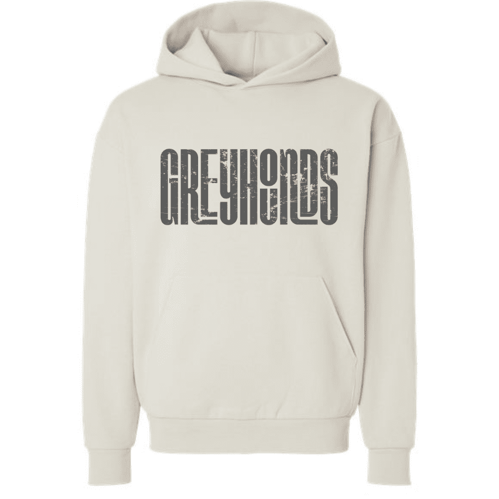 Cream-colored hooded sweatshirt with a bold, distressed “Greyhounds” graphic printed across the chest in charcoal gray ink.