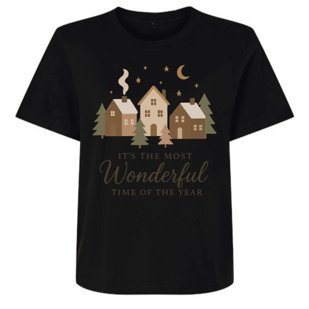 Black cropped women’s t-shirt with cozy village graphic and “It’s the Most Wonderful Time of the Year” text