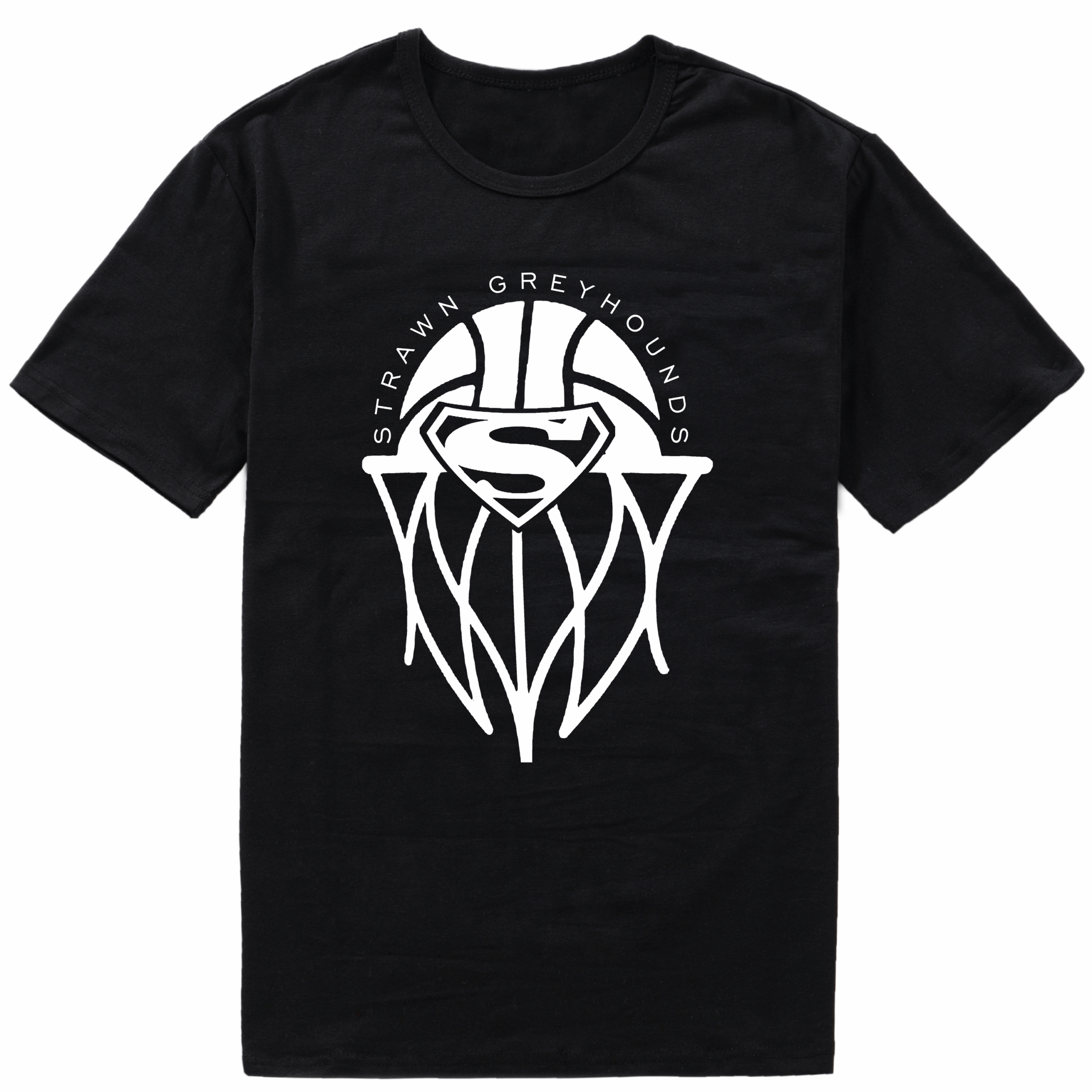 Black t-shirt with white Strawn Greyhounds basketball graphic and bold “S” logo