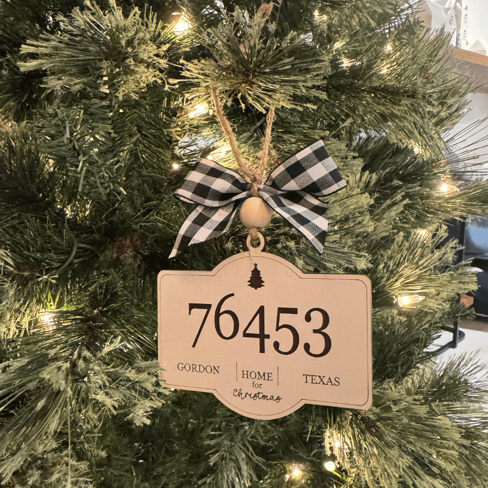 76453 Gordon Texas wooden Christmas ornament with buffalo plaid bow